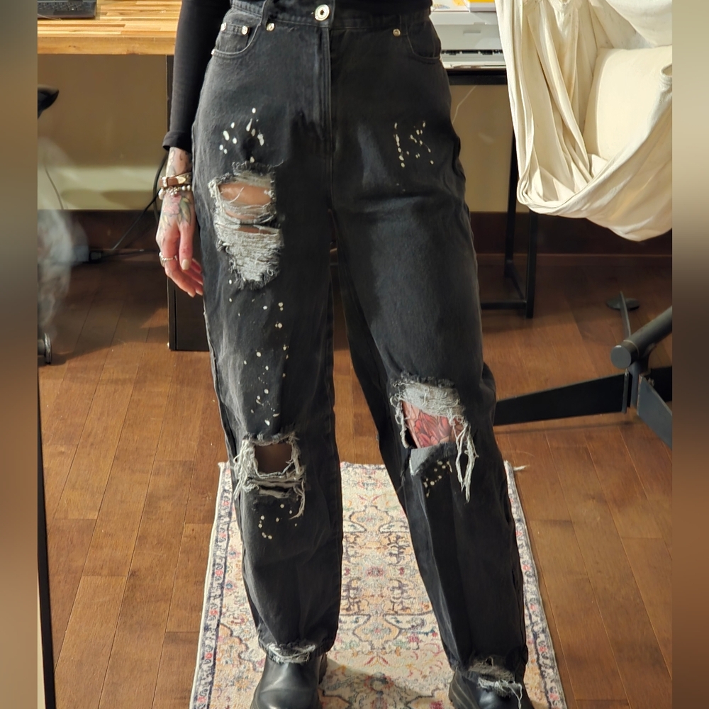 Maniére De Voir Black Distressed High Rise Denim Jeans size UK 8